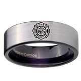 8mm Fire Department Pipe Cut Brushed Silver Tungsten Carbide Mens Ring Engraved