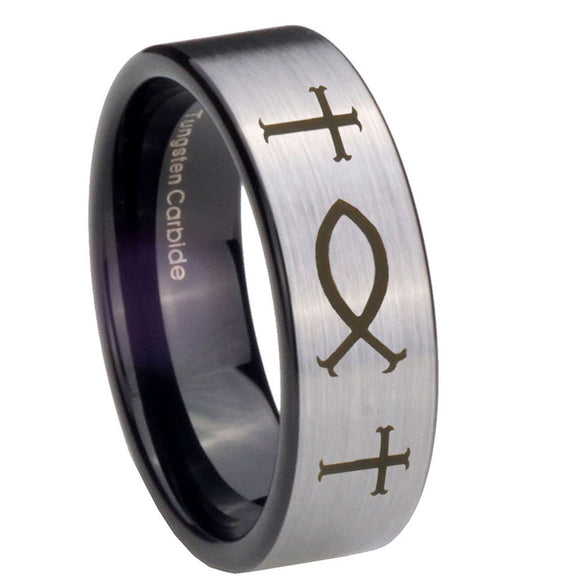 8mm Fish & Cross Pipe Cut Brushed Silver Tungsten Carbide Rings for Men