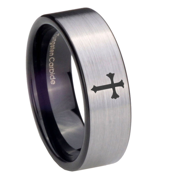 8mm Flat Christian Cross Pipe Cut Brushed Silver Tungsten Wedding Band Mens
