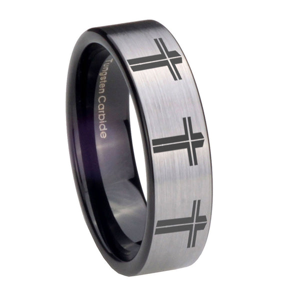 8mm Multiple Christian Cross Pipe Cut Brushed Silver Tungsten Men's Bands Ring