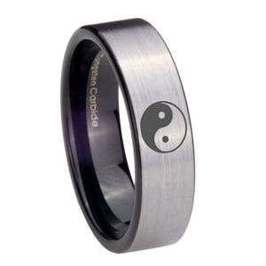 8mm Yin Yang Pipe Cut Brushed Silver Tungsten Carbide Mens Ring Personalized