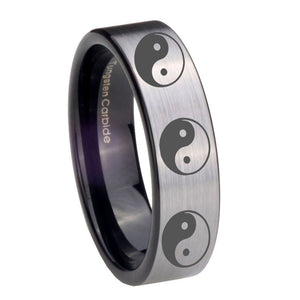 8mm Multiple Yin Yang Pipe Cut Brushed Silver Tungsten Carbide Men's Band Ring