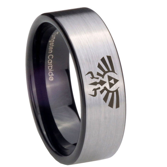8mm Zelda Skyward Sword Pipe Cut Brushed Silver Tungsten Carbide Engraved Ring