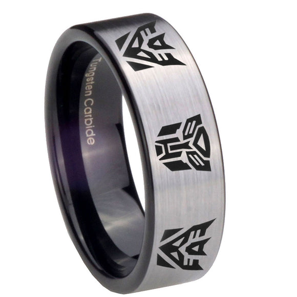 8mm Transformers Autobot Decepticon Pipe Cut Brushed Silver Tungsten Mens Wedding Band