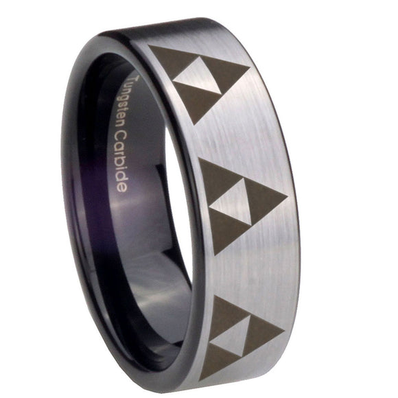 8mm Multiple Zelda Triforce Pipe Cut Brushed Silver Tungsten Mens Wedding Band