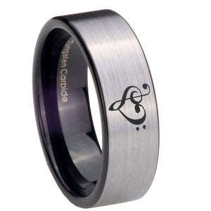 8mm Music & Heart Pipe Cut Brushed Silver Tungsten Carbide Men's Wedding Ring