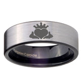 8mm Claddagh Design Pipe Cut Brushed Silver Tungsten Wedding Engraving Ring