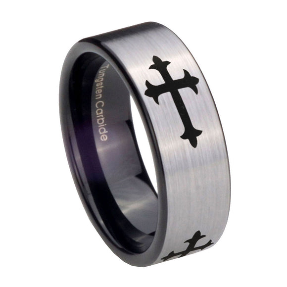 8mm Christian Cross Religious Pipe Cut Brushed Silver Tungsten Custom Ring for Men