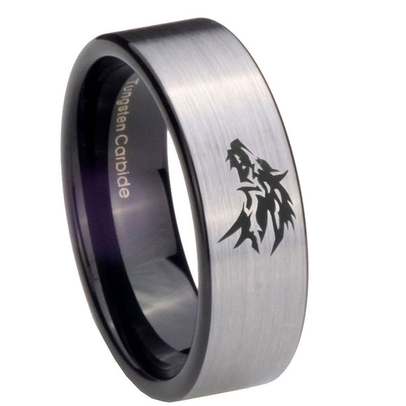8mm Wolf Pipe Cut Brushed Silver Tungsten Carbide Men's Engagement Ring