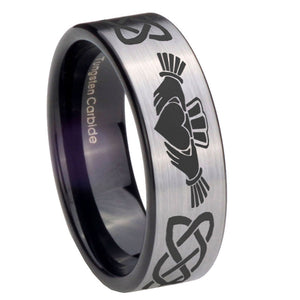 8mm Irish Claddagh Pipe Cut Brushed Silver Tungsten Carbide Mens Anniversary Ring