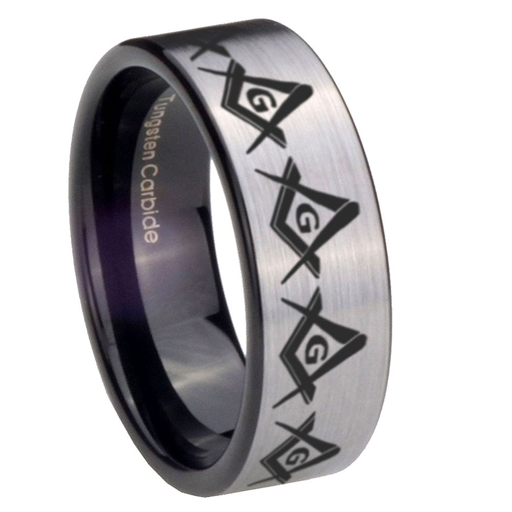 8mm Masonic Square and Compass Pipe Cut Brushed Silver Tungsten Custom Ring for Men - 11 / Black