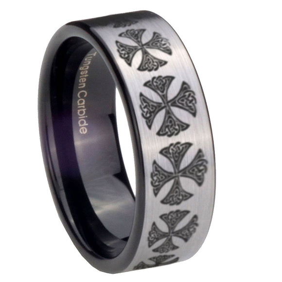 8mm Medieval Cross Pipe Cut Brushed Silver Tungsten Custom Ring for Men