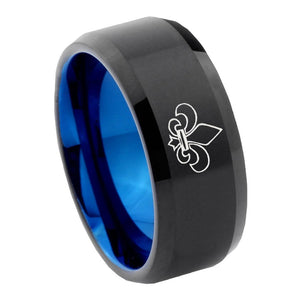 8mm Fleur De Lis Bevel Tungsten Carbide Blue Mens Promise Ring