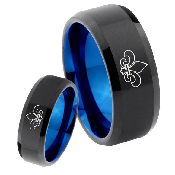 His Hers Fleur De Lis Bevel Tungsten Blue Engagement Ring Set