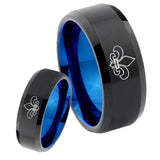 His Hers Fleur De Lis Bevel Tungsten Blue Engagement Ring Set