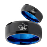 His Hers Fleur De Lis Bevel Tungsten Blue Engagement Ring Set