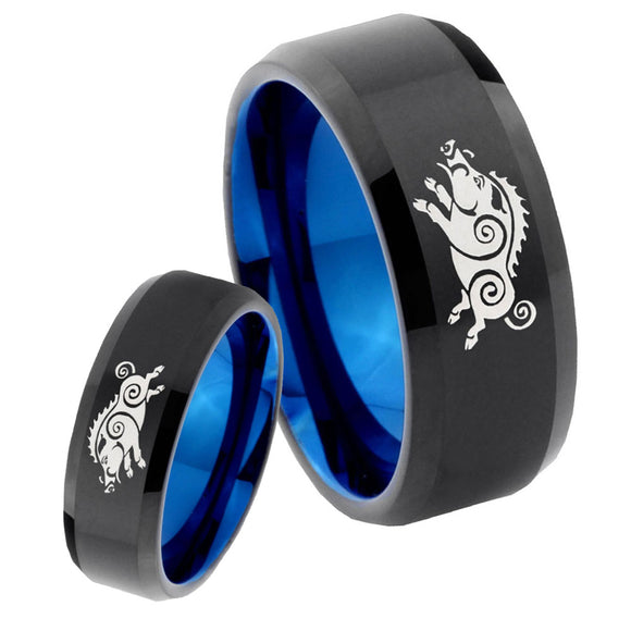 His Hers Wild Boars Bevel Tungsten Blue Engagement Ring Set