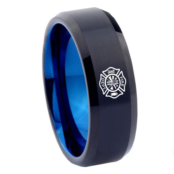 8mm Fire Department Bevel Tungsten Carbide Blue Promise Rings
