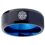 10mm Fire Department Bevel Tungsten Carbide Blue Men's Band Ring