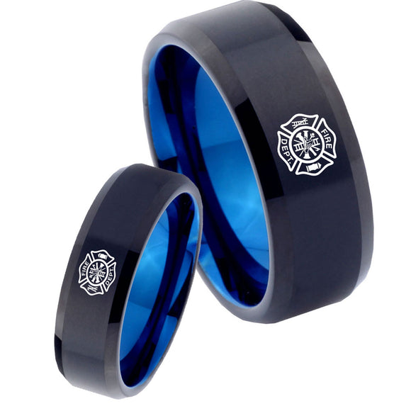 His Hers Fire Departments Bevel Tungsten Blue Personalized Ring Set