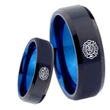 8mm Fire Department Bevel Tungsten Carbide Blue Promise Rings