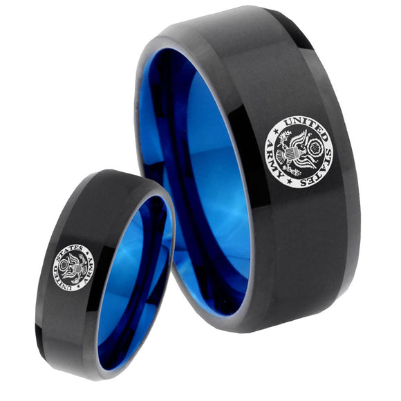 His Hers U.S. Army Bevel Tungsten Blue Engagement Ring Set