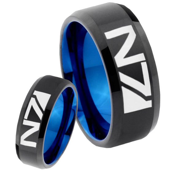 His Hers N7 Designs Bevel Tungsten Blue Engagement Ring Set