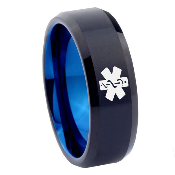 8mm Medical Alert Bevel Tungsten Carbide Blue Personalized Ring