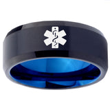 10mm Medical Alert Bevel Tungsten Carbide Blue Band Ring