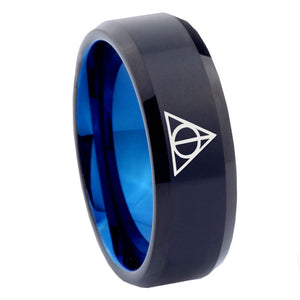 10mm Deathly Hallows Bevel Tungsten Carbide Blue Men's Ring