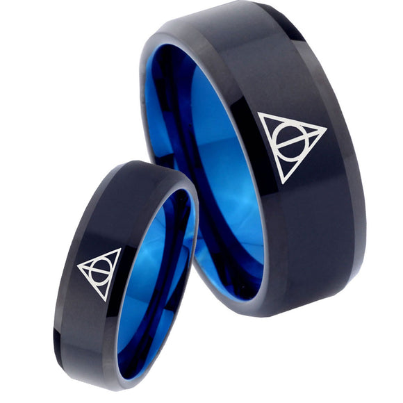 His Hers Deathly Hallows Bevel Tungsten Carbide Blue Men's Ring Set
