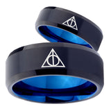 His Hers Deathly Hallows Bevel Tungsten Carbide Blue Men's Ring Set