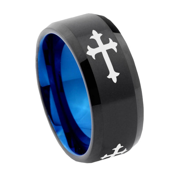 10mm Christian Cross Religious Bevel Tungsten Carbide Blue Wedding Ring