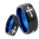 8mm Christian Cross Religious Bevel Tungsten Carbide Blue Mens Promise Ring