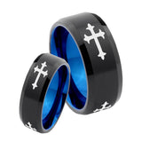 His Hers Christian Cross Religious Bevel Tungsten Blue Engagement Ring Set