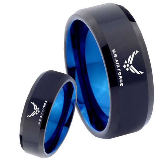 His Hers US Air Forces Bevel Tungsten Blue Personalized Ring Set