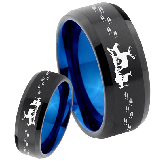 His Hers Deer Hunting Bevel Tungsten Blue Engagement Ring Set