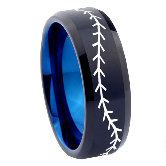 8mm Baseball Bevel Tungsten Carbide Blue Wedding Band Ring