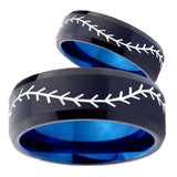 His Hers Baseballs Bevel Tungsten Carbide Blue Men's Band Ring Set