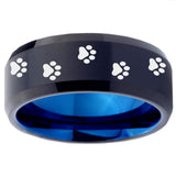 10mm Paw Print Design Bevel Tungsten Carbide Blue Wedding Band Mens