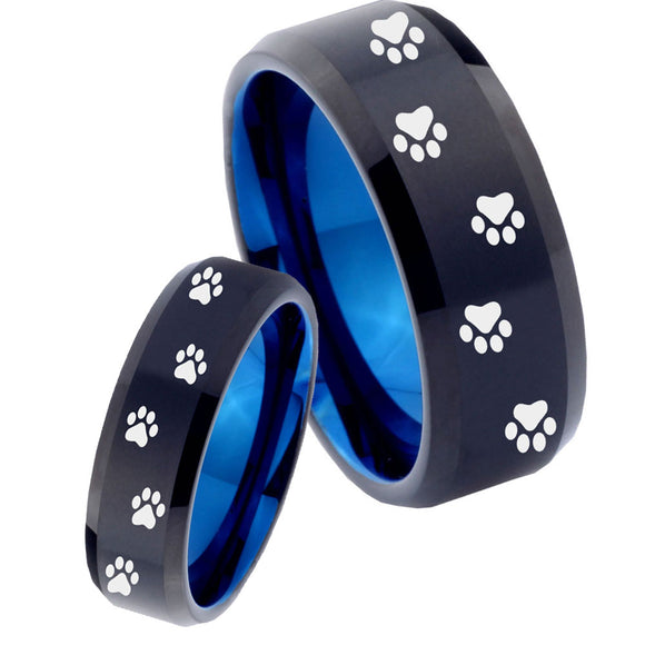 His Hers Paw Print Designs Bevel Tungsten Blue Mens Promise Ring Set