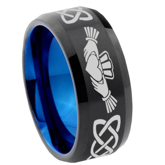10mm Irish Claddagh Bevel Tungsten Carbide Blue Wedding Ring