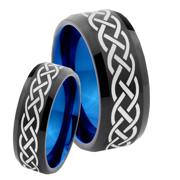 His Hers Celtic Knots Bevel Tungsten Blue Engagement Ring Set