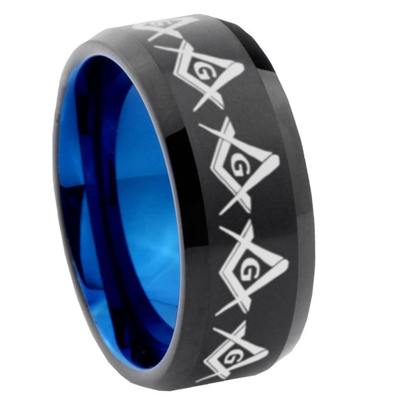 10mm Masonic Square and Compass Bevel Tungsten Carbide Blue Wedding Ring