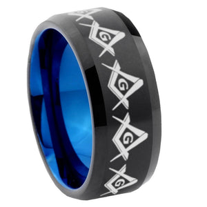 8mm Masonic Square and Compass Bevel Tungsten Carbide Blue Mens Promise Ring