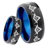 8mm Masonic Square and Compass Bevel Tungsten Carbide Blue Mens Promise Ring
