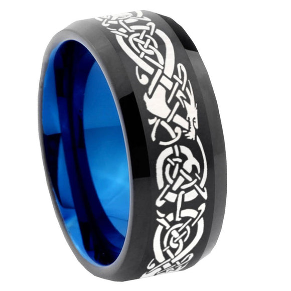 8mm Celtic Dragon Bevel Tungsten Carbide Blue Mens Promise Ring