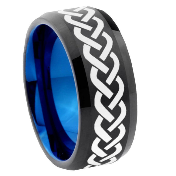 10mm Laser Celtic Knot Bevel Tungsten Carbide Blue Wedding Ring