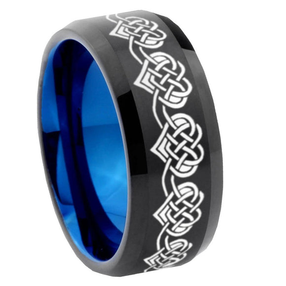8mm Celtic Knot Heart Bevel Tungsten Carbide Blue Mens Promise Ring
