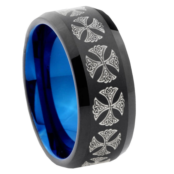 10mm Medieval Cross Bevel Tungsten Carbide Blue Wedding Ring